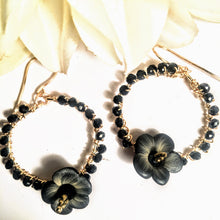 Fimo Pansy and Black Crystal Hoops