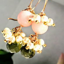Angel Skin Coral Peridot and Pearl Earrings