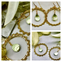 Handwrapped Gold Green Amethyst Hoops